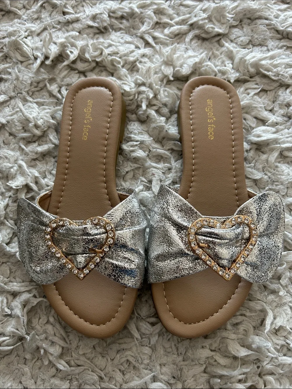 Silver Heart-Embellished Slide Sandals for Girls